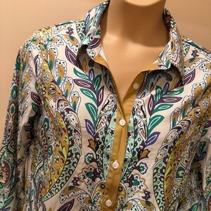 Colorful mustard, teal accented Paisley Button-Up Shirt women’s medium SHEIN L44